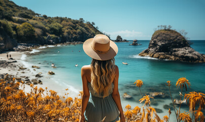 Stylish girl traveling back view looking at tropical ocean.Young woman wearing long dress and straw hat standing in sea water at the beach enjoying view in the summer Holiday
