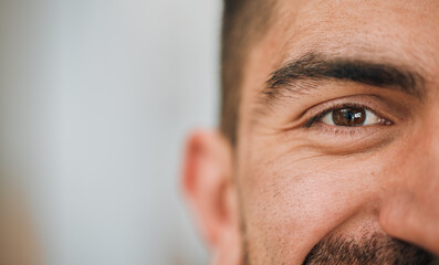 Happy, eyes and half portrait of man in office for career goals, vision and professional company....