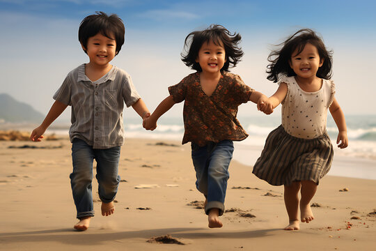 Three happy kid from different ethinic groups holding hands and walking at the beach