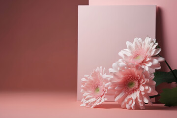Template for greeting or invitation card decorated with flowers and pink gradient background