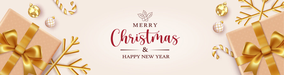Merry christmas text vector banner. Christmas greeting card with gift boxes, snowflakes and xmas balls elements in elegant background. Vector illustration holiday season promotion design. 