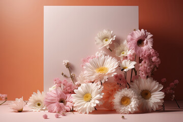 Front view of template for greeting card decorated with flowers and pink gradient background