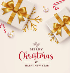 Fototapeta na wymiar Christmas gifts vector design. Merry christmas and happy new year greeting text with elegant gift boxes with gold snowflakes and ribbon decoration. Vector illustration xmas season card background.