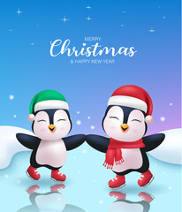 Christmas penguin characters vector design. Merry christmas and happy new year greeting text with twin smiling penguins character in snow winter background. Vector illustration xmas holiday season 