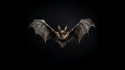Fledermaus mit ausgebreiteten Flügel auf schwarzen Hintergrund, ai, generativ