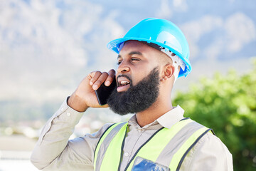 Black man, architect and phone call for construction discussion, ideas or communication in the...