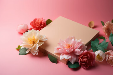 Top view of romantic greeting card for special occasions with flowers and gradient background