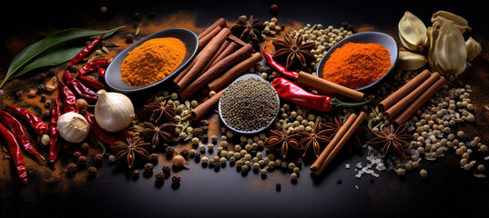 Obraz na płótnie Canvas Variety of spices on wooden kitchen table.