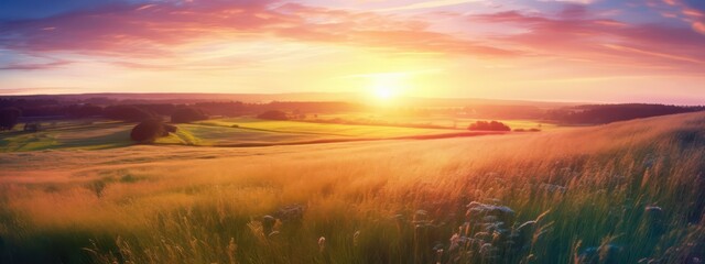 Beautiful colorful natural panoramic landscape at sunset. Field with wild grass in evening in rays of setting sun