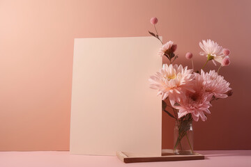 Template for greeting card or invitation decorated with pink flowers and pink gradient background