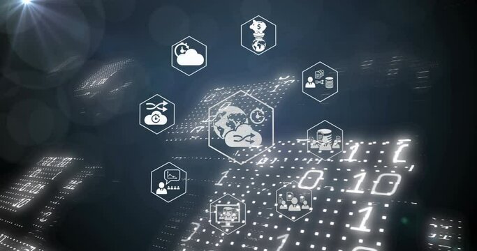 Animation of binary coding, network of connections with icons and cloud on blue background