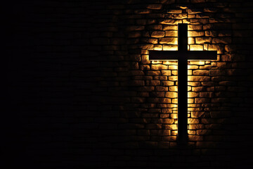 Divine Illumination Lighted Cross Background with Copy Space on Brick Wall. created with Generative AI