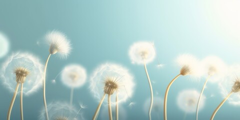 Beautiful fantasy abstract 3D dandelions close up on a light blue background. Light delicate summer spring floral background