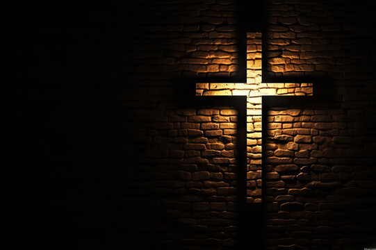 Divine Illumination Lighted Cross Background with Copy Space on Brick Wall. created with Generative AI