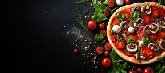Traditional Italian food: pizza on black background top view. Free space for your text