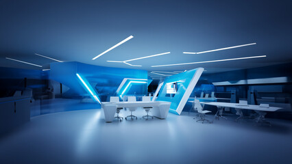 Büro im futuristischen modernen Stil und blauen LED Licht, ai generativ