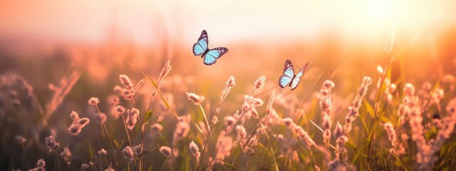 Beautiful fluffy wild grass and fluttering butterflies in field on nature in spring summer in rays of setting sun at sunset. Shallow depth of field