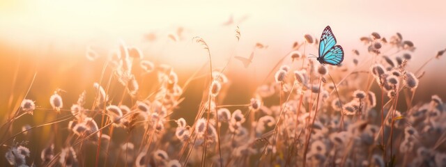 Beautiful fluffy wild grass and fluttering butterflies in field on nature in spring summer in rays of setting sun at sunset. Shallow depth of field