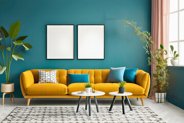 Interior of living room with yellow sofa, coffee table and two posters for your mock up design. 3d render. 