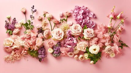 Various Flowers In Pink Background Background,flower background,background with flowers