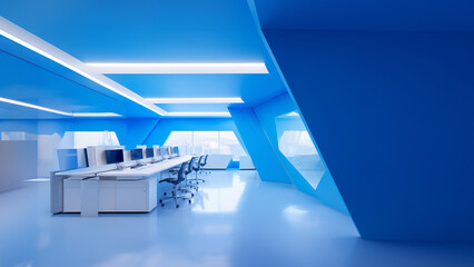 Büro im futuristischen modernen Stil und blauen LED Licht, ai generativ