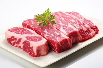 Obraz premium Fresh raw beef fillet with other ingredients isolated on white background