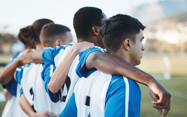 Sports, teamwork and fitness with soccer player on field for training, challenge and championship...