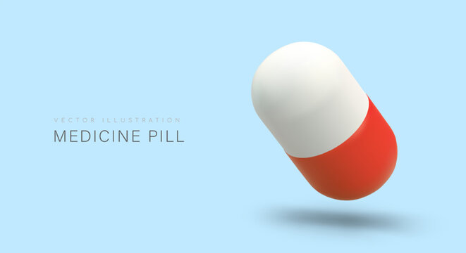 Medicine pills. Colored capsules. Advertising banner on blue background with 3D illustration and place for text. Concept for pharmaceutical companies, pharmacies, hospitals