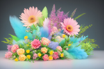 Floral and Decor Arrangement. Pastel colors flowers and decor arrangement on grey gradient background. Generative-AI.