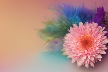  Pastel Colors Floral Decor. Beautiful pastel background with colored feathers decor and pink chrysanthemum flower. Generative-AI.