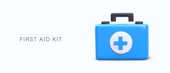 Realistic blue first aid kit with cross. Portable box with basic medical kit. Emergency symbol. Concept for hospitals, first aid stations. Illustration in cartoon style