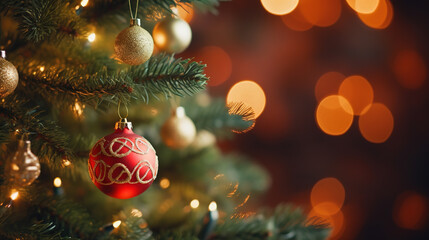 Obraz na płótnie Canvas Christmas tree decorations background with copy space. Christmas, New Year wallpaper. AI