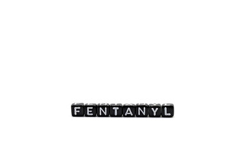 The word fentanyl, a potent opioid that can cause death by overdose, on a white background. Space for text