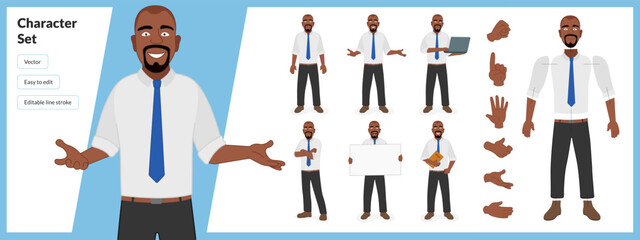 Illustration of black man, wearing business clothing in a set of multiple poses. Easy to edit with editable line strokes and isolated on white background. Suitable for animation.