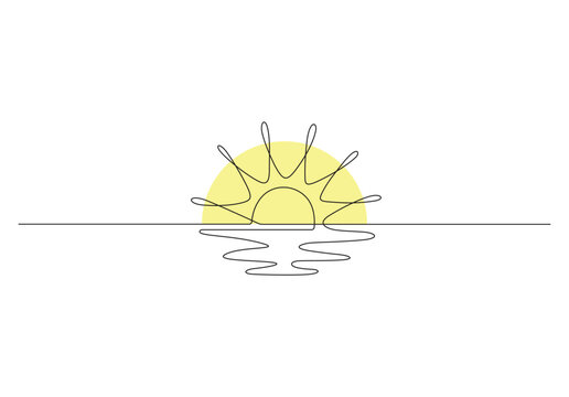  One continuous line drawing of sunny ocean view. Hot temperature and summer sea travel symbol in simple linear style vector illustration. Premium vector.