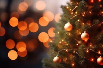 Fototapeta na wymiar Banner with Christmas tree decorated with glowing garlands and golden balls against blurred bokeh effect. Made with Generative AI.