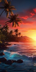 beautiful tropical background with palm trees and ocean for smartphone screen, AI Generated