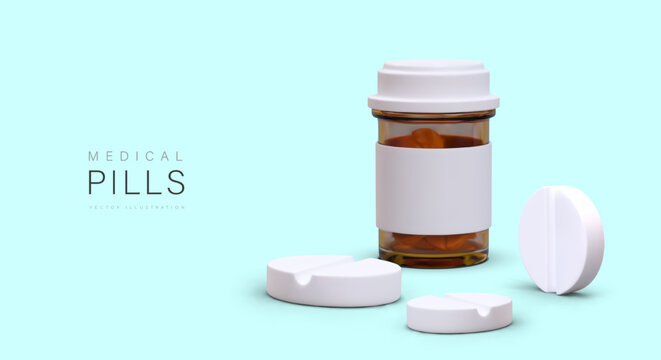 3d realistic jar with pills. Medical poster, advertising campaign for private hospital or pharmaceutical company. Vector illustration with blue background
