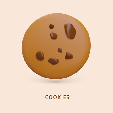 Single round chocolate chip cookie. Classic sweet pastry. Concept for bakeries, grocery stores, cafes. Layout with realistic illustration and inscription