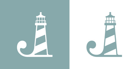 Logo Nautical. Icono de torre marítima en puerto. Letra inicial J con faro de luz - obrazy, fototapety, plakaty