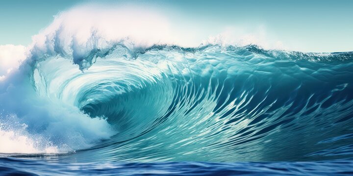 Beauty of marine nature, strength and power of the water element in form of a large turquoise sea wave crashing on shore
