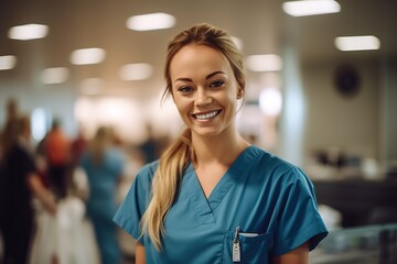 Obraz premium a female nurse smiles and looks at the camera in a medical office