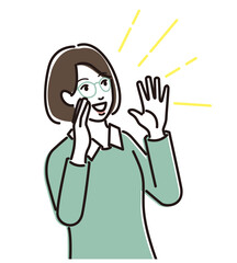 掛け声のポーズをとるメガネの女性