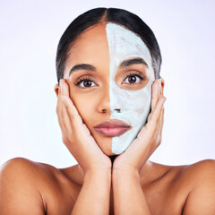 Face mask, portrait and woman in studio skincare, half and cosmetic treatment on grey background....