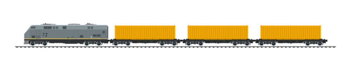 Railway freight wagons, locomotive with cargo container on railroad platform , railway and container transport banner, vector illustration
