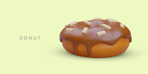 Realistic donut with sweet decoration. Delicious breakfast. Vector illustration on colored background. Popular pastry, fast food. Chocolate bagel for morning coffee