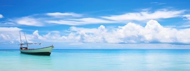 Obraz premium Boat in turquoise ocean water against blue sky with white clouds. Natural landscape for summer vacation
