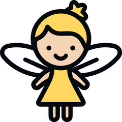 Little angel fairy wearing yellow dress and wings outlined flat single icon svg vector