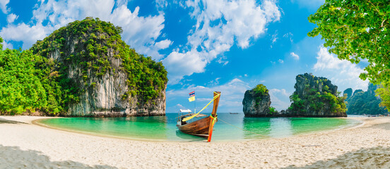 Panorama amazed nature scenic landscape Maya Bay with boat for traveler, Attraction famous popular place tourist travel Phuket Thailand beach summer vacation trips, Tourism beautiful destination Asia