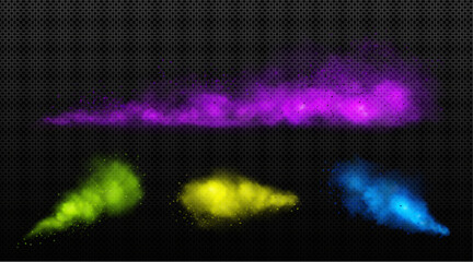 Realistic set of color powder clouds on transparent background. Vector illustration of purple, green, yellow, blue paint splash in air, holi fest colorful dust splatters, spray texture, vivid mist